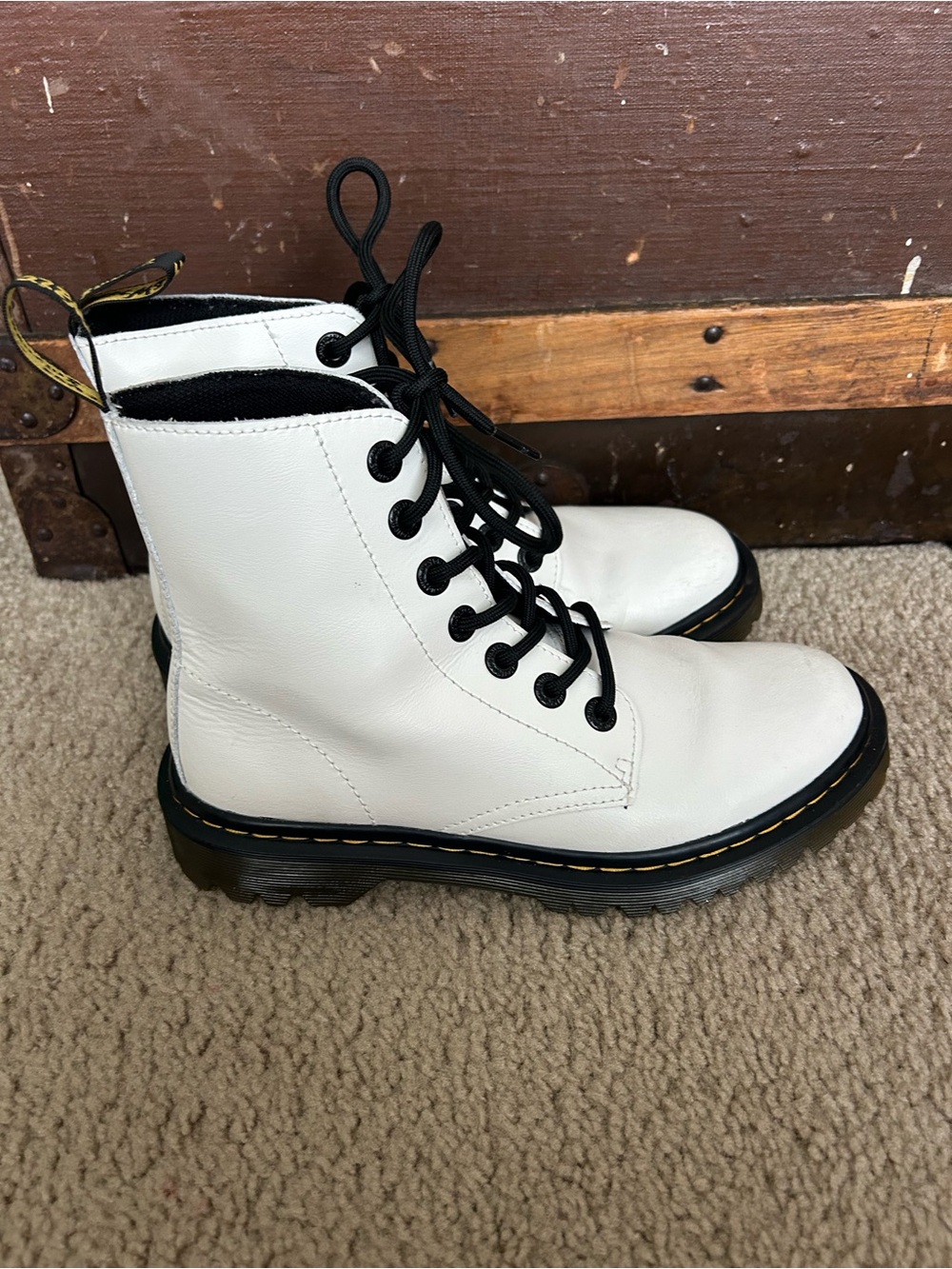 Dr. Martens White Leather Lace-Up Combat Boots with Black Laces